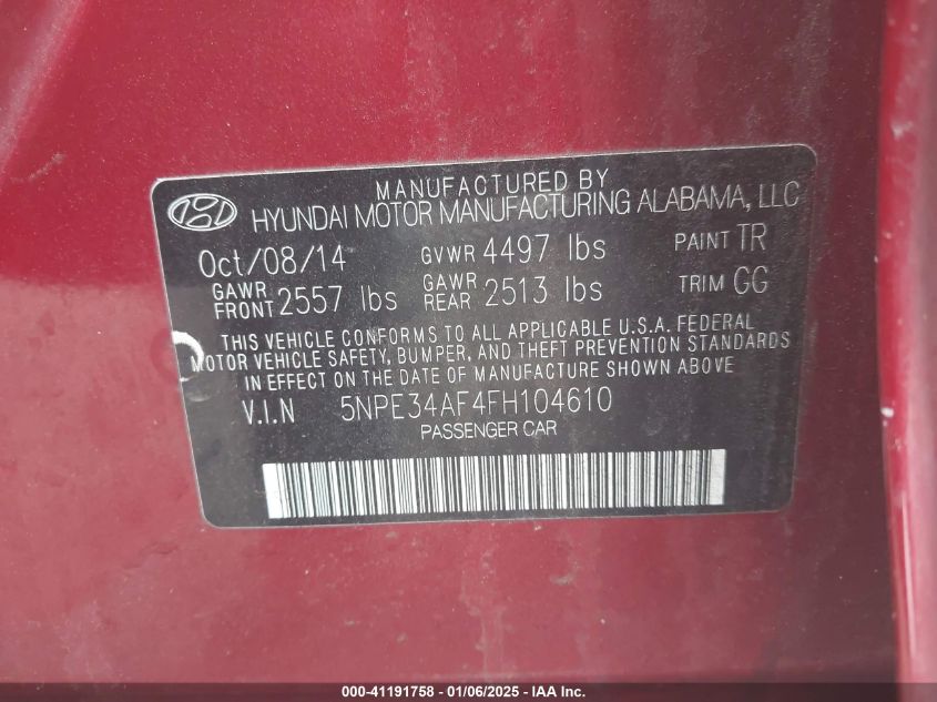 VIN 5NPE34AF4FH104610 2015 HYUNDAI SONATA no.9