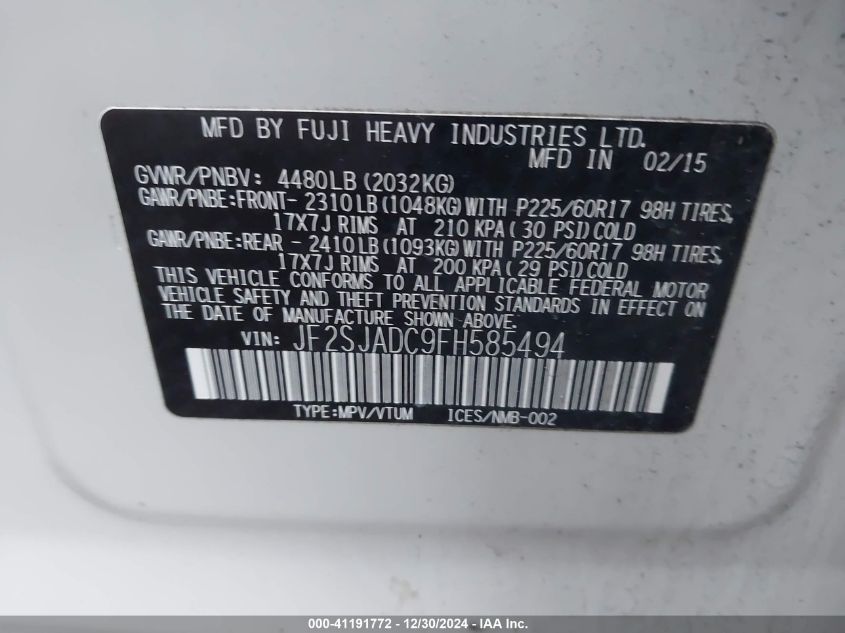 VIN JF2SJADC9FH585494 2015 Subaru Forester, 2.5I Pr... no.9