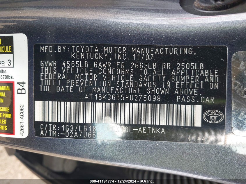 2008 TOYOTA AVALON VIN: 4T1BK36B58U275098