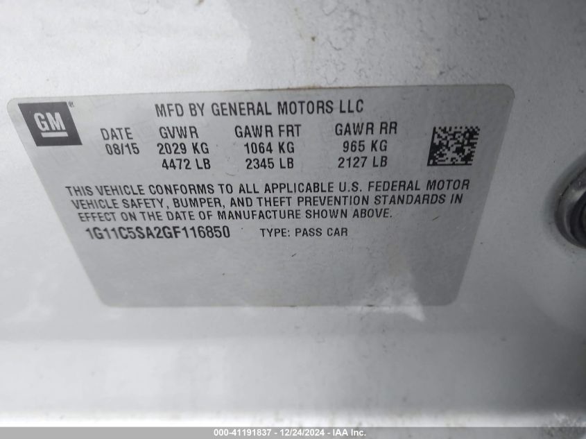 2016 CHEVROLET MALIBU LIMITED VIN: 1G11C5SA2GF116850