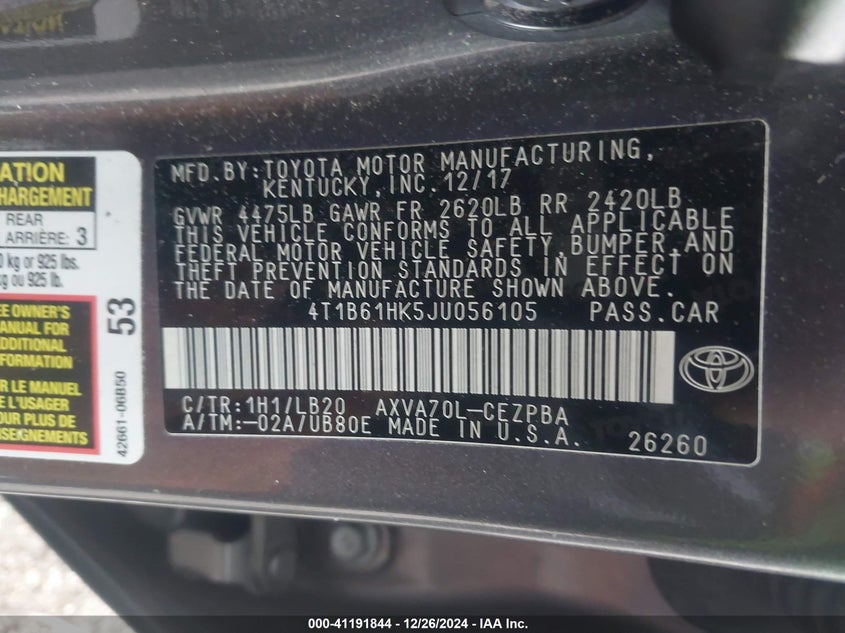 2018 TOYOTA CAMRY VIN: 4T1B61HK5JU056105