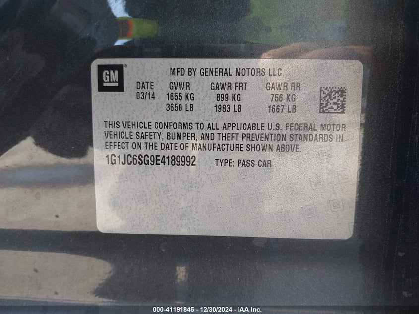 2014 CHEVROLET SONIC VIN: 1G1JC6SG9E4189992