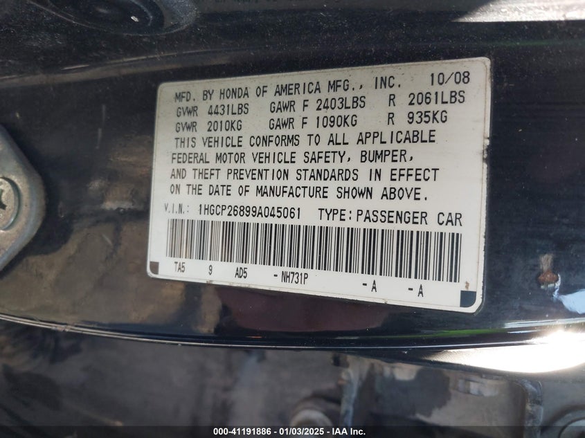 2009 HONDA ACCORD VIN: 1HGCP26899A045061