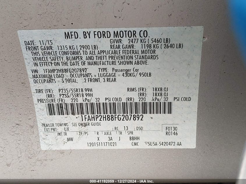 VIN 1FAHP2H88FG207892 2015 Ford Taurus, Sel no.9