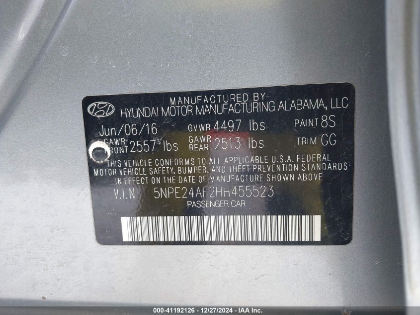 VIN 5NPE24AF2HH455523 2017 HYUNDAI SONATA no.9