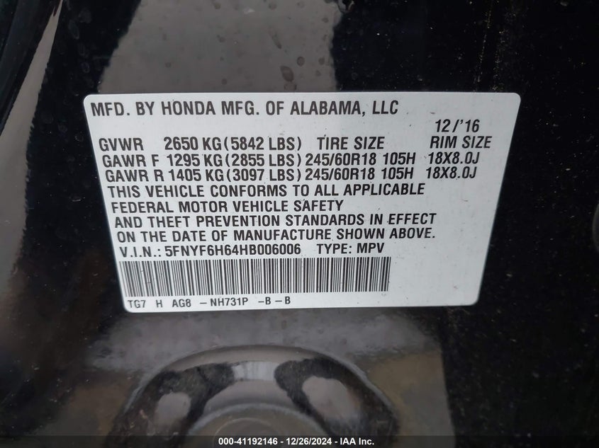 2017 HONDA PILOT VIN: 5FNYF6H64HB006006