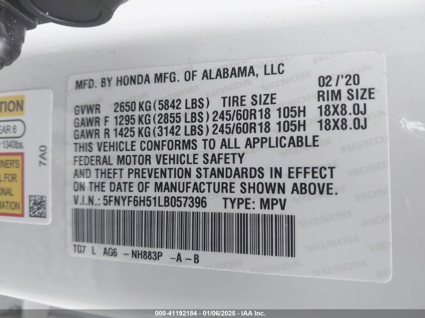 VIN 5FNYF6H51LB057396 2020 HONDA PILOT no.9