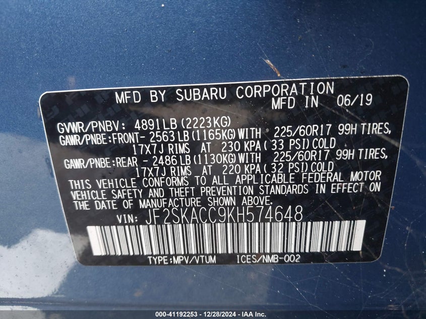 2019 SUBARU FORESTER - JF2SKACC9KH574648