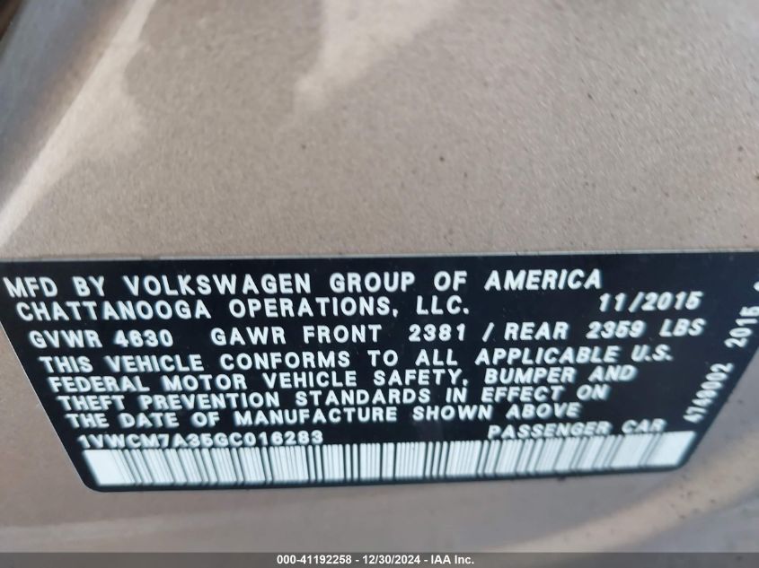 VIN 1VWCM7A35GC016283 2016 Volkswagen Passat, V6 Se... no.9