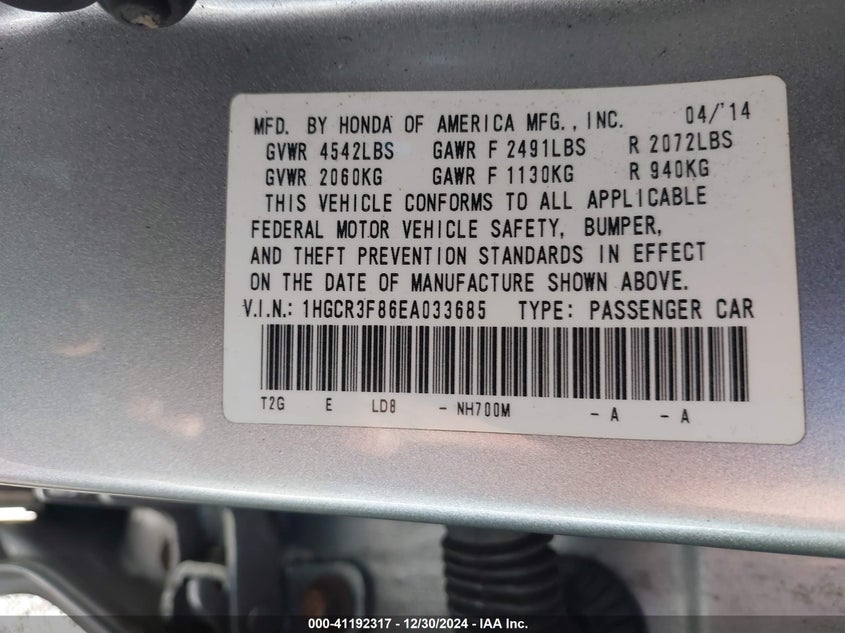 2014 HONDA ACCORD SEDAN VIN: 1HGCR3F86EA033685
