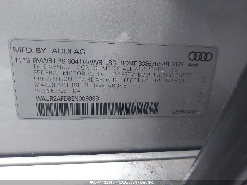 VIN WAUR2AFD8EN009098 2014 Audi A8, L 4.0T no.9