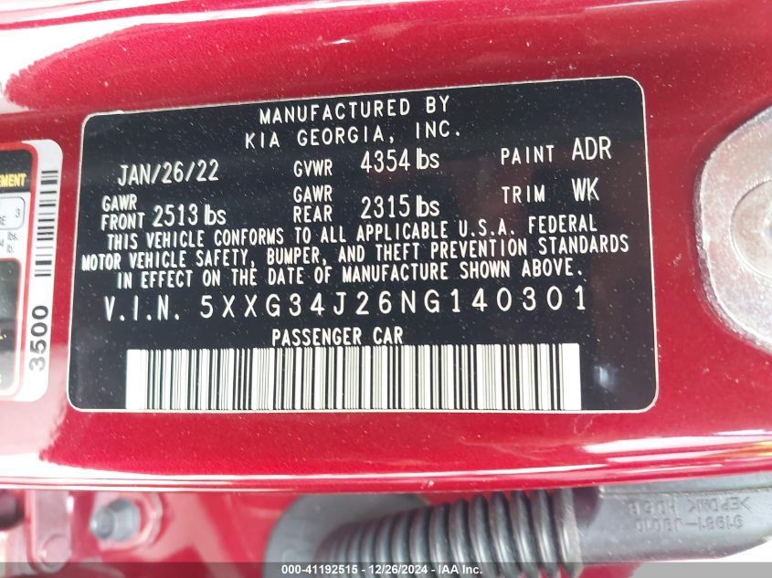 2022 KIA K5 VIN: 5XXG34J26NG140301