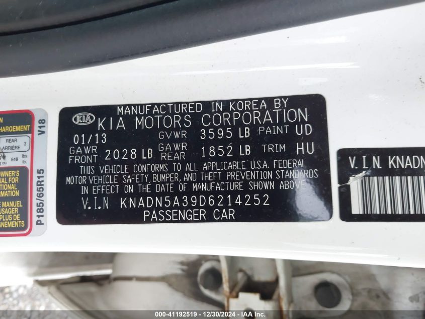 2013 Kia Rio Ex VIN: KNADN5A39D6214252 Lot: 41192519