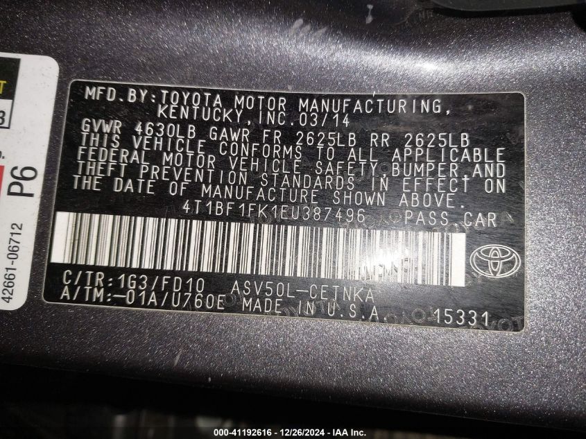 VIN 4T1BF1FK1EU387496 2014 Toyota Camry, LE no.9