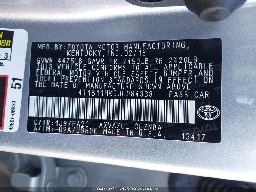2018 TOYOTA CAMRY VIN: 4T1B11HK5JU084338