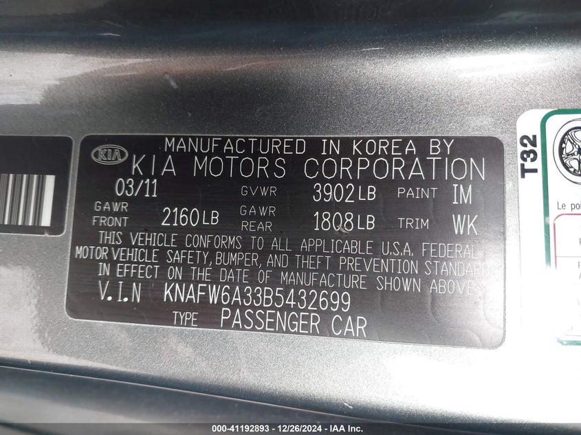 2011 KIA FORTE VIN: KNAFW6A33B5432699