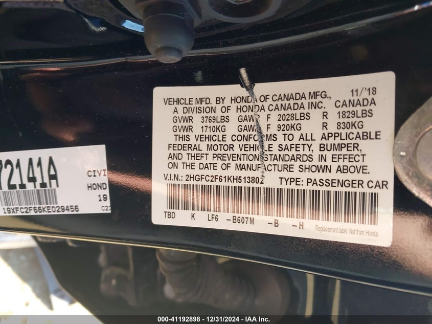 2019 HONDA CIVIC VIN: 19XFC2F66KE029456