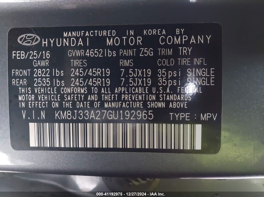 VIN KM8J33A27GU192965 2016 Hyundai Tucson, Limited no.9