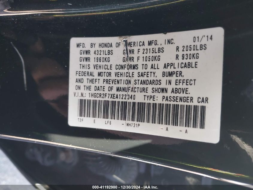 VIN 1HGCR2F7XEA122340 2014 HONDA ACCORD no.9