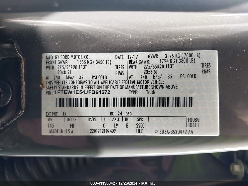 2018 FORD F150 VIN: 1FTEW1E54JFB64672
