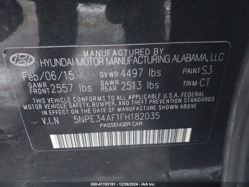 VIN 5NPE34AF1FH182035 2015 HYUNDAI SONATA no.9