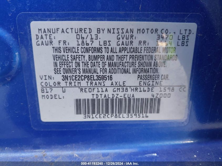 VIN 3N1CE2CP8EL359516 2014 Nissan Versa, Note SV no.9