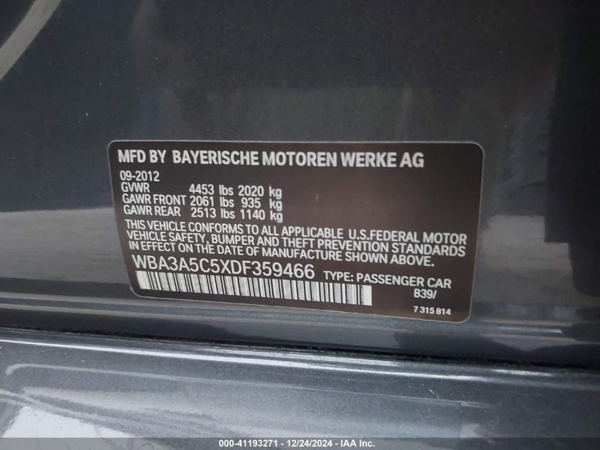 VIN WBA3A5C5XDF359466 2013 BMW 3 Series, 328I no.9