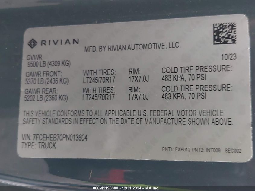 2023 Rivian Edv 700 VIN: 7FCEHEB70PN013604 Lot: 41193380