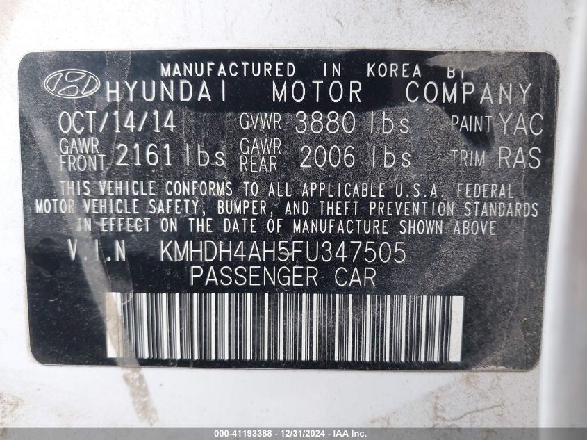 VIN KMHDH4AH5FU347505 2015 Hyundai Elantra, Sport no.9