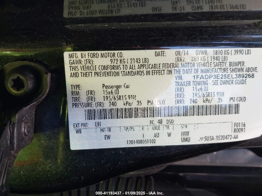 VIN 1FADP3E25EL389268 2014 Ford Focus, S no.9