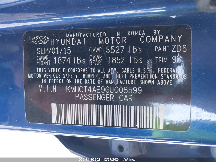 VIN KMHCT4AE9GU008599 2016 Hyundai Accent, SE no.9