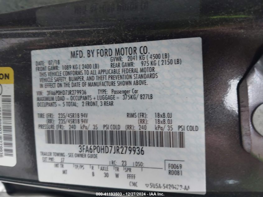 VIN 3FA6P0HD7JR279936 2018 Ford Fusion, SE no.9