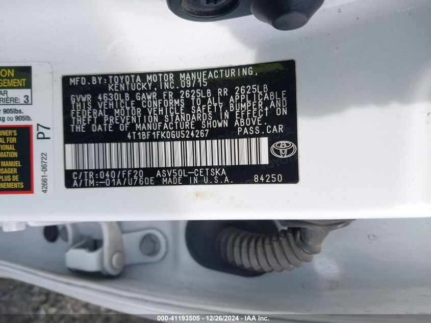 VIN 4T1BF1FK0GU524267 2016 Toyota Camry, SE no.9