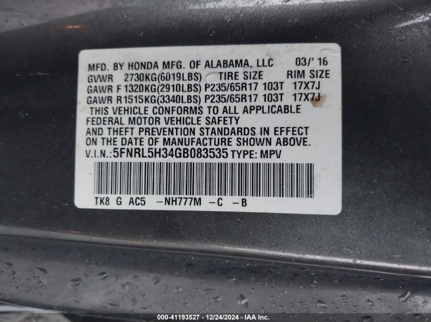 VIN 5FNRL5H34GB083535 2016 HONDA ODYSSEY no.9