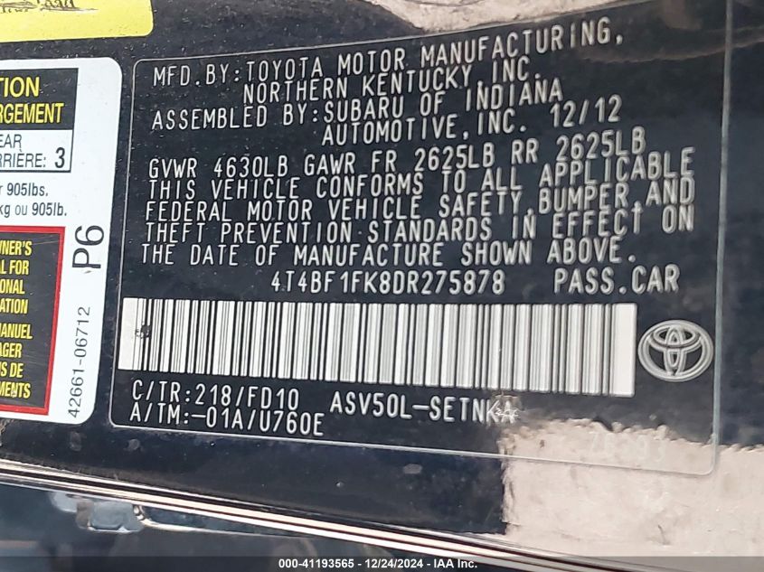 2013 TOYOTA CAMRY VIN: 4T4BF1FK8DR275878