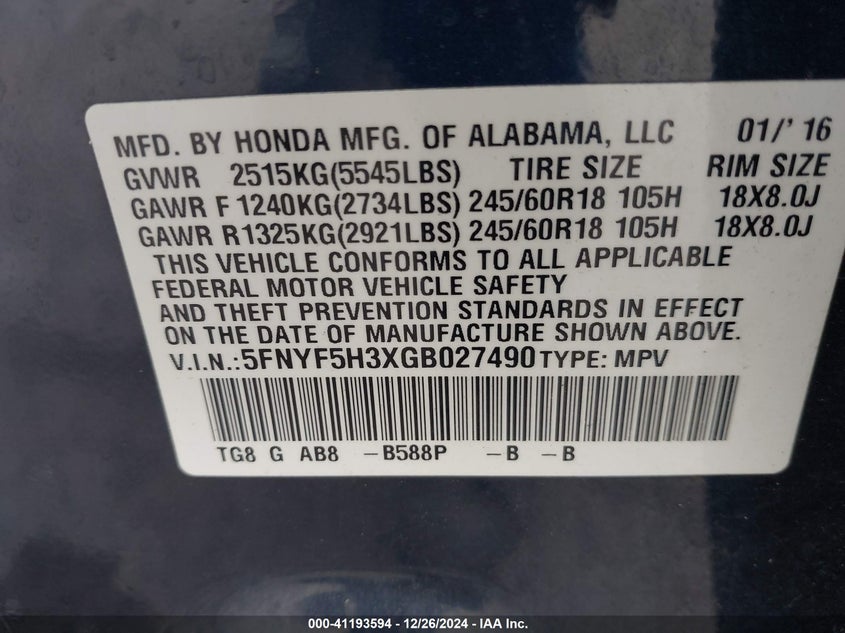 2016 HONDA PILOT EX - 5FNYF5H3XGB027490