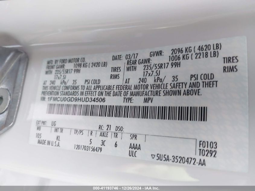 2017 Ford Escape Se VIN: 1FMCU0GD9HUD34506 Lot: 41193746