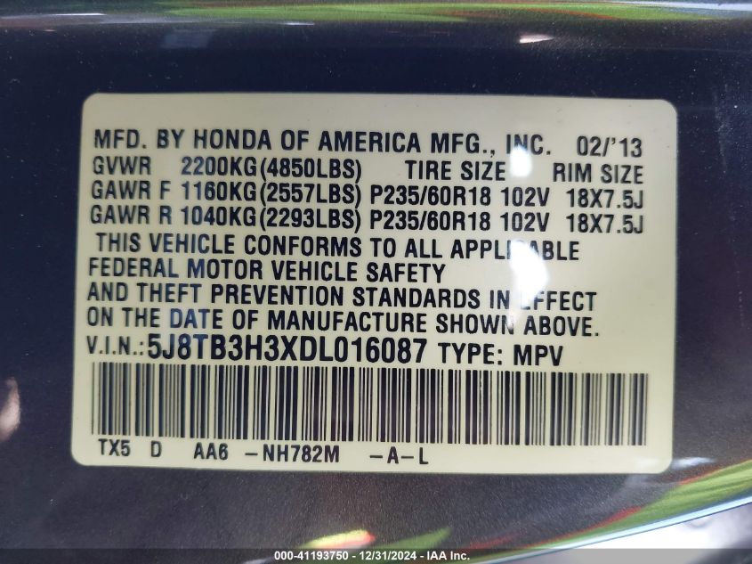 VIN 5J8TB3H3XDL016087 2013 Acura RDX no.9