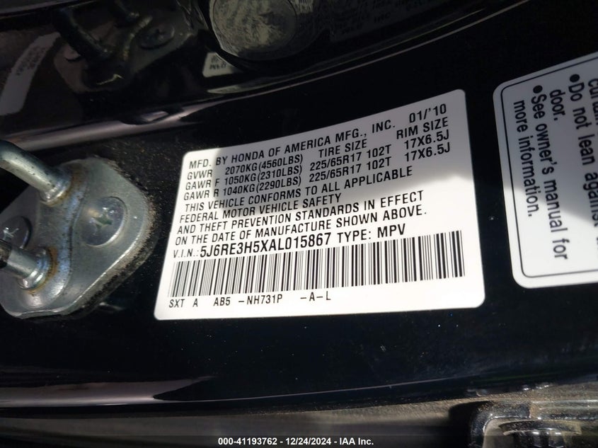 2010 HONDA CR-V VIN: 5J6RE3H5XAL015867