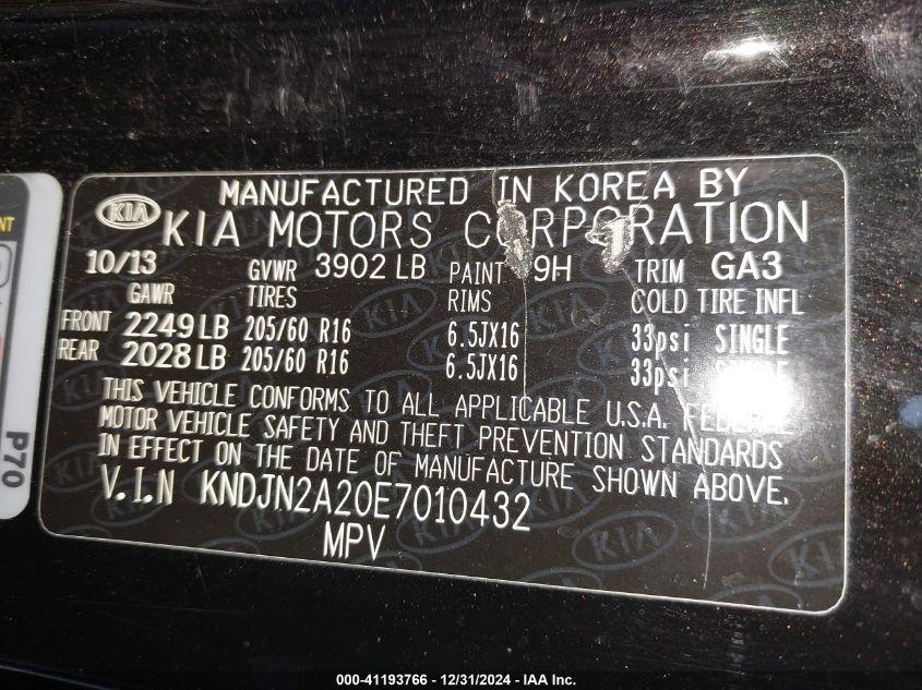 VIN KNDJN2A20E7010432 2014 KIA SOUL no.9