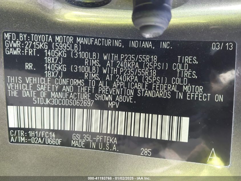 VIN 5TDJK3DC0DS062697 2013 Toyota Sienna, Le 7 Pass... no.9