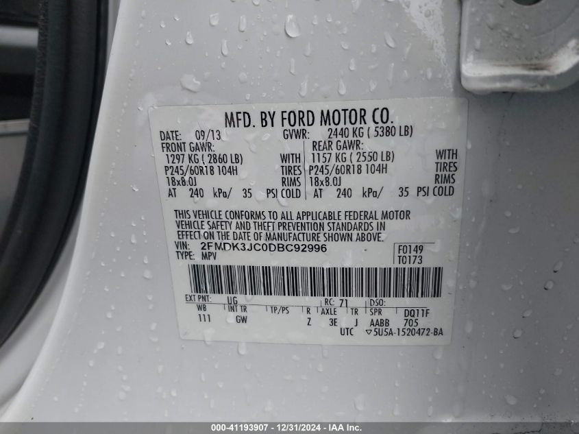 VIN 2FMDK3JC0DBC92996 2013 FORD EDGE no.9