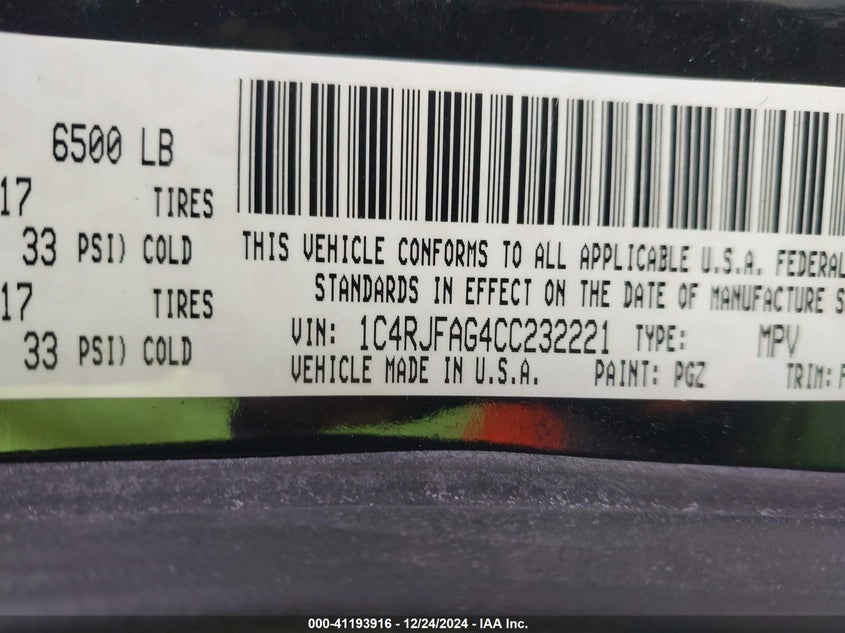 2012 JEEP GRAND CHEROKEE VIN: 1C4RJFAG4CC232221