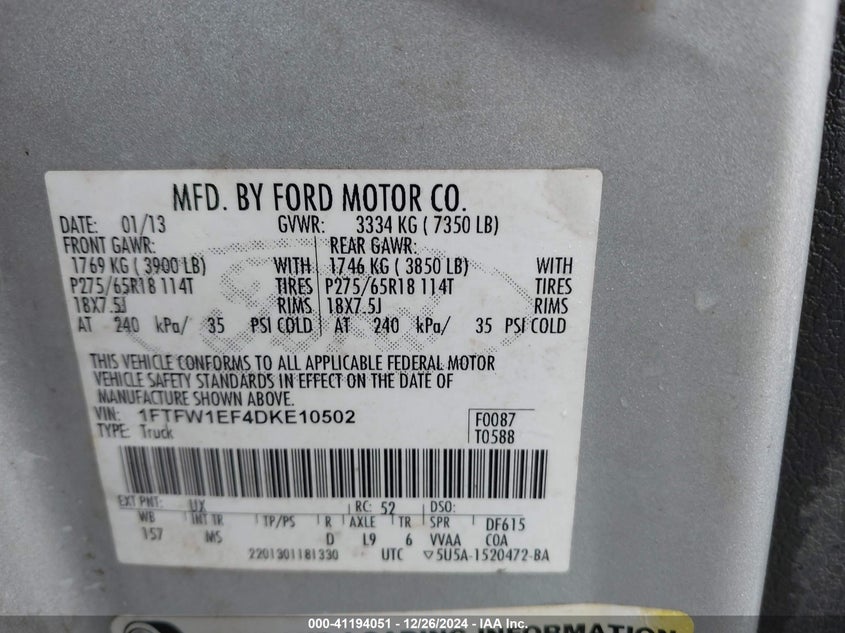 2013 FORD F-150 VIN: 1FTFW1EF4DKE10502