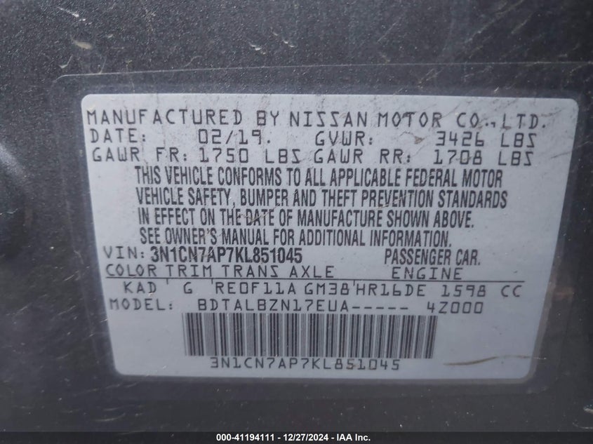 2019 NISSAN VERSA VIN: 3N1CN7AP7KL851045