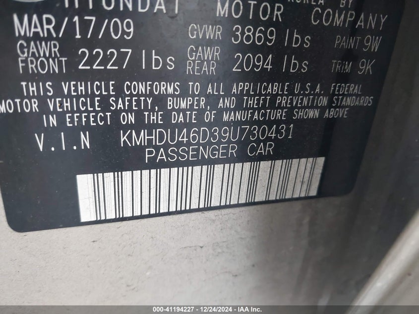 2009 HYUNDAI ELANTRA VIN: KMHDU46D39U730431