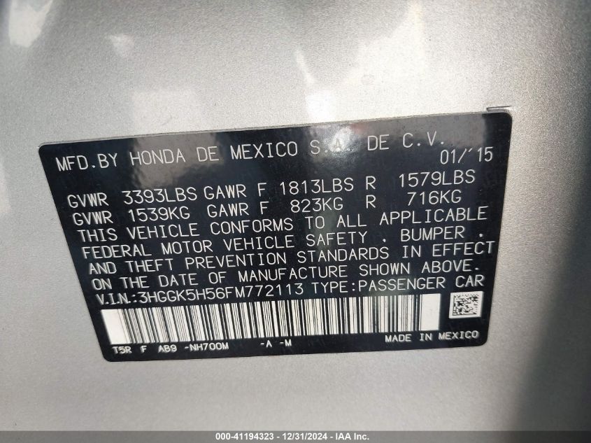 2015 Honda Fit Lx VIN: 3HGGK5H56FM772113 Lot: 41194323