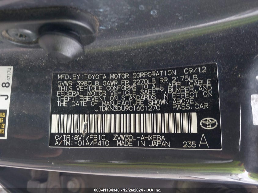 2012 TOYOTA PRIUS VIN: JTDKN3DU9C1601270