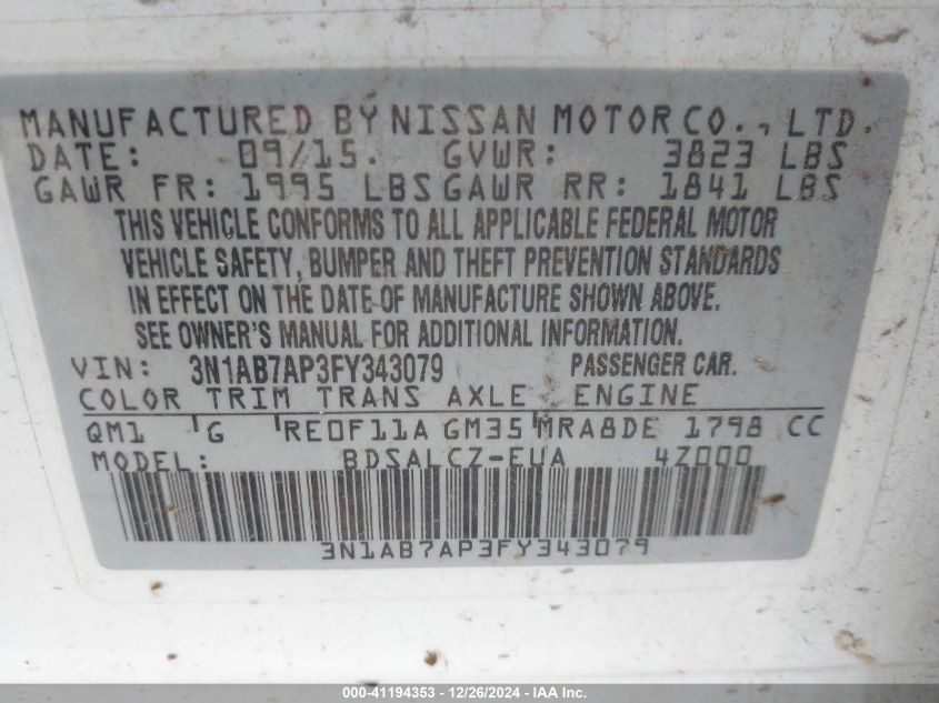 VIN 3N1AB7AP3FY343079 2015 Nissan Sentra, S no.9