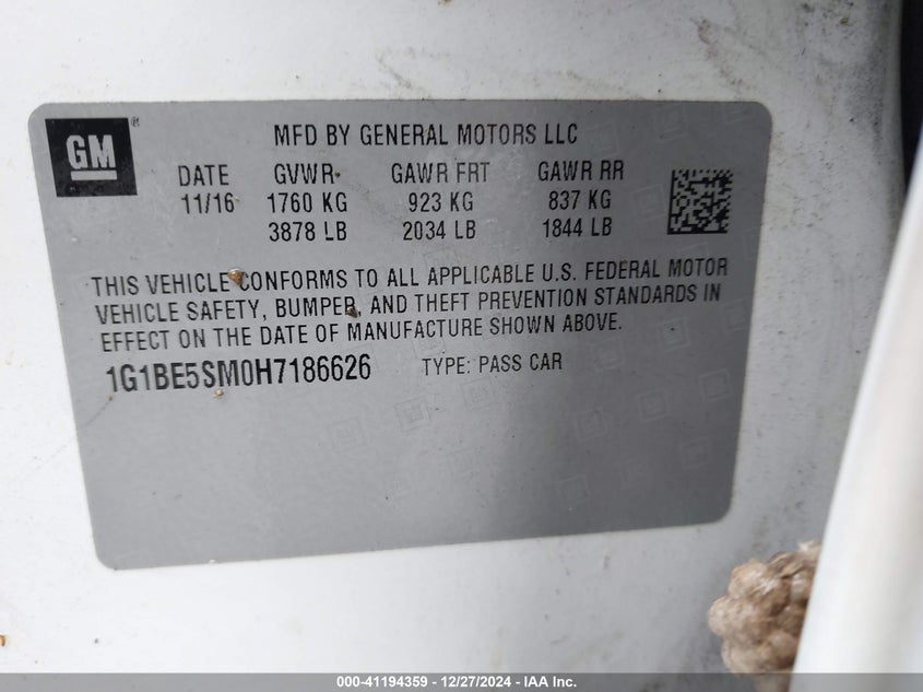 2017 CHEVROLET CRUZE VIN: 1G1BE5SM0H7186626